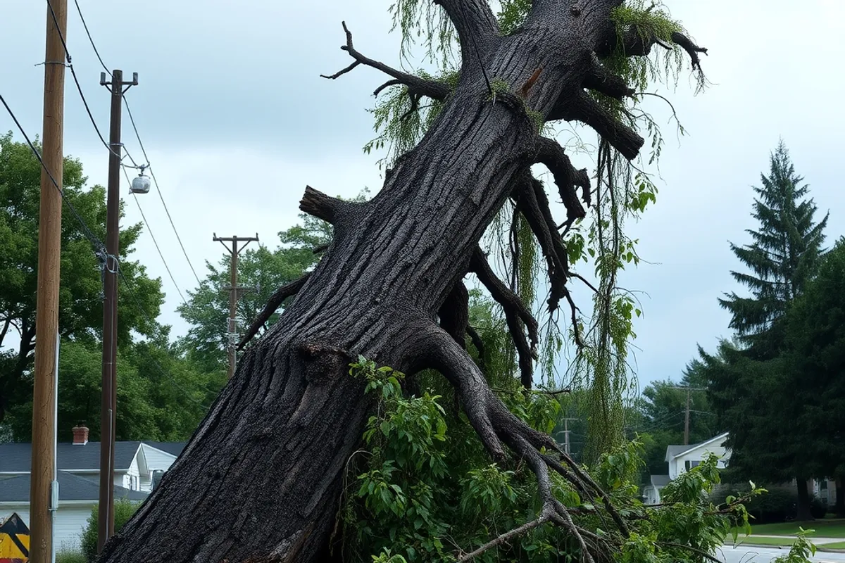 A fallen tree resting on power lines after a severe storm