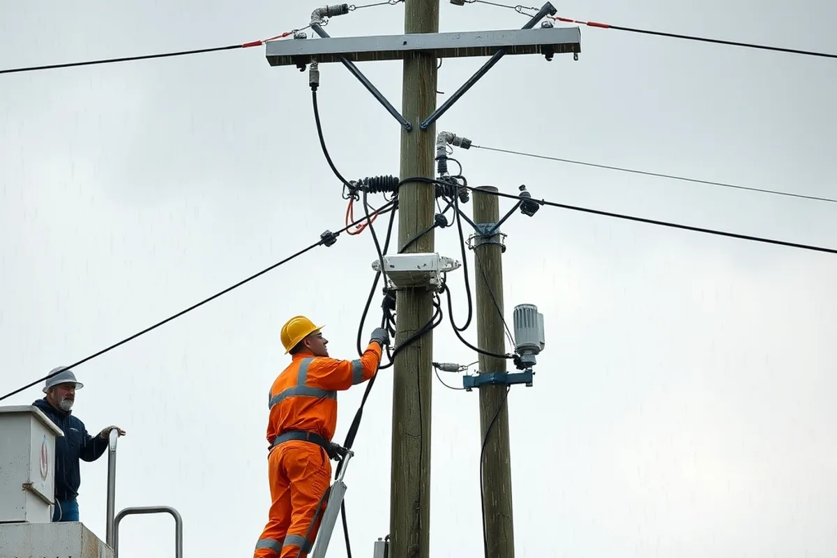 Utility workers repairing a damaged power pole in the rain