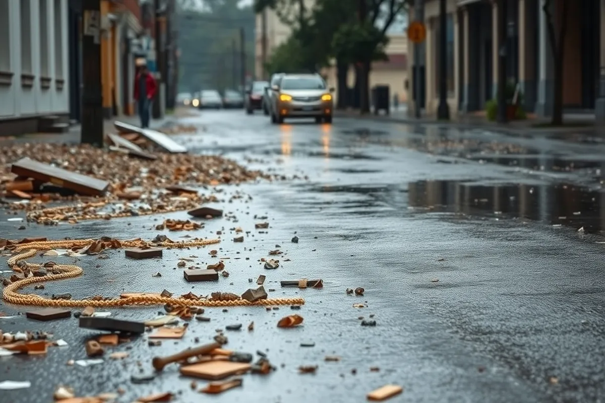A flooded street with debris scattered across the pavement