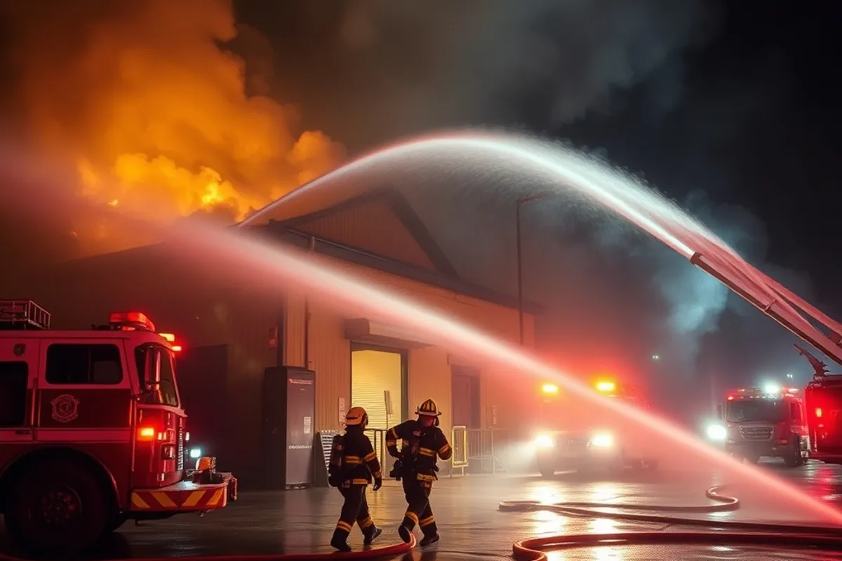 Firefighters spraying water on a smoking warehouse at night