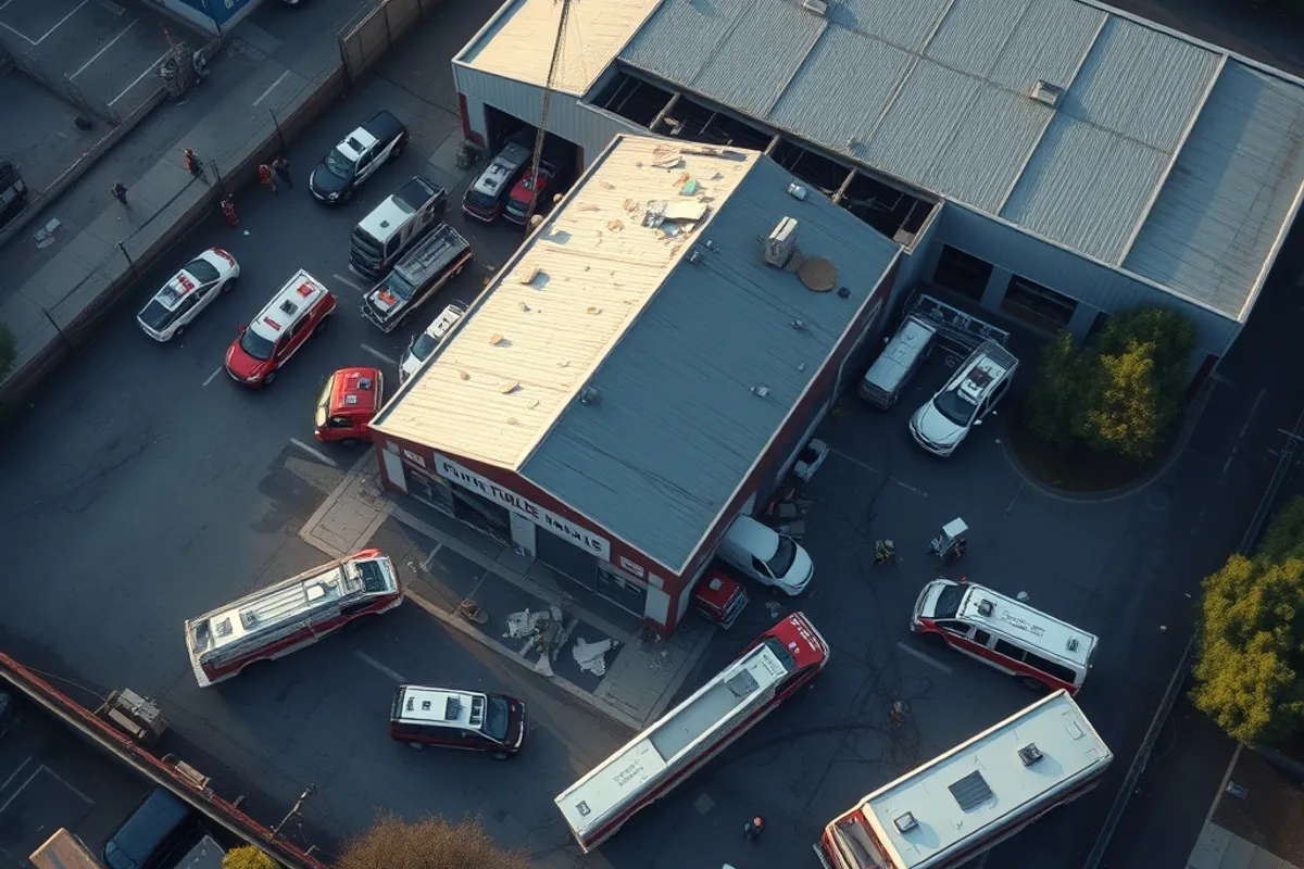 Aerial view of emergency vehicles surrounding a damaged warehouse