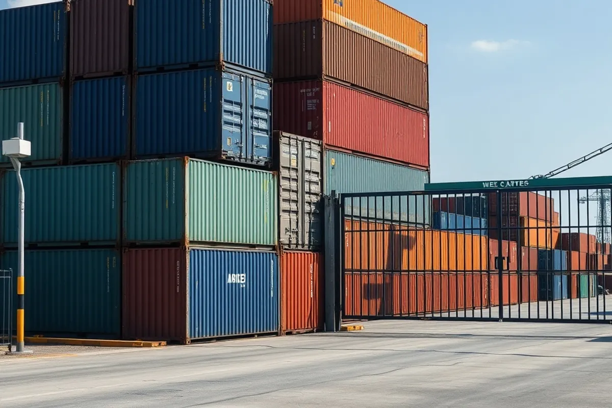 Cargo containers stacked beside a closed port gate