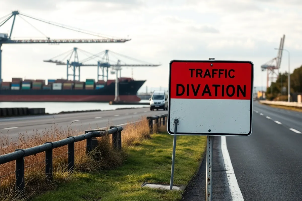 A traffic diversion sign on a road near the port