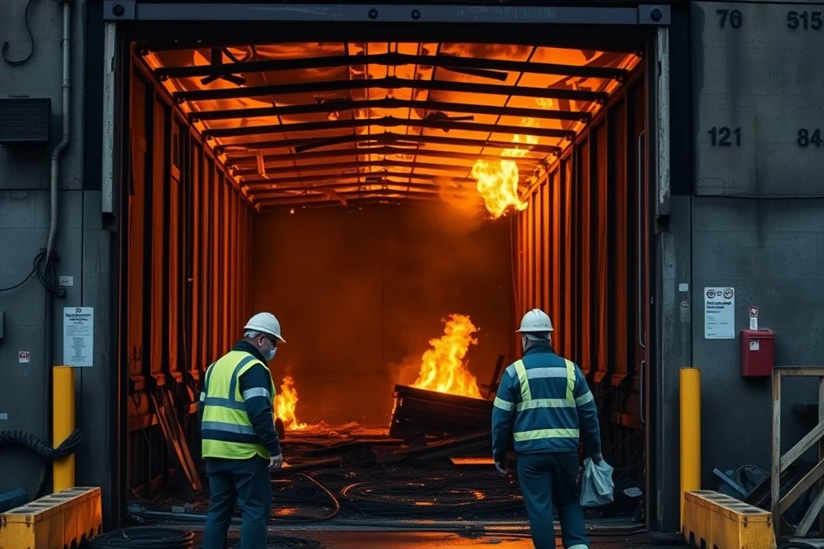 Workers inspecting a charred loading bay the morning after