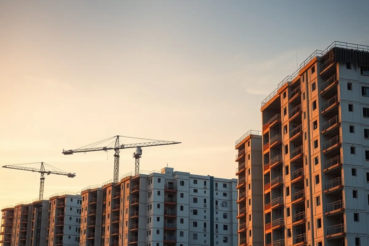 A row of apartment buildings under construction at sunset
