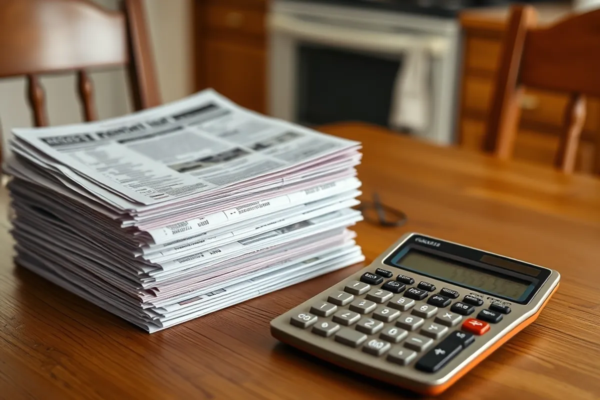 A stack of rental listings and a calculator on a kitchen table