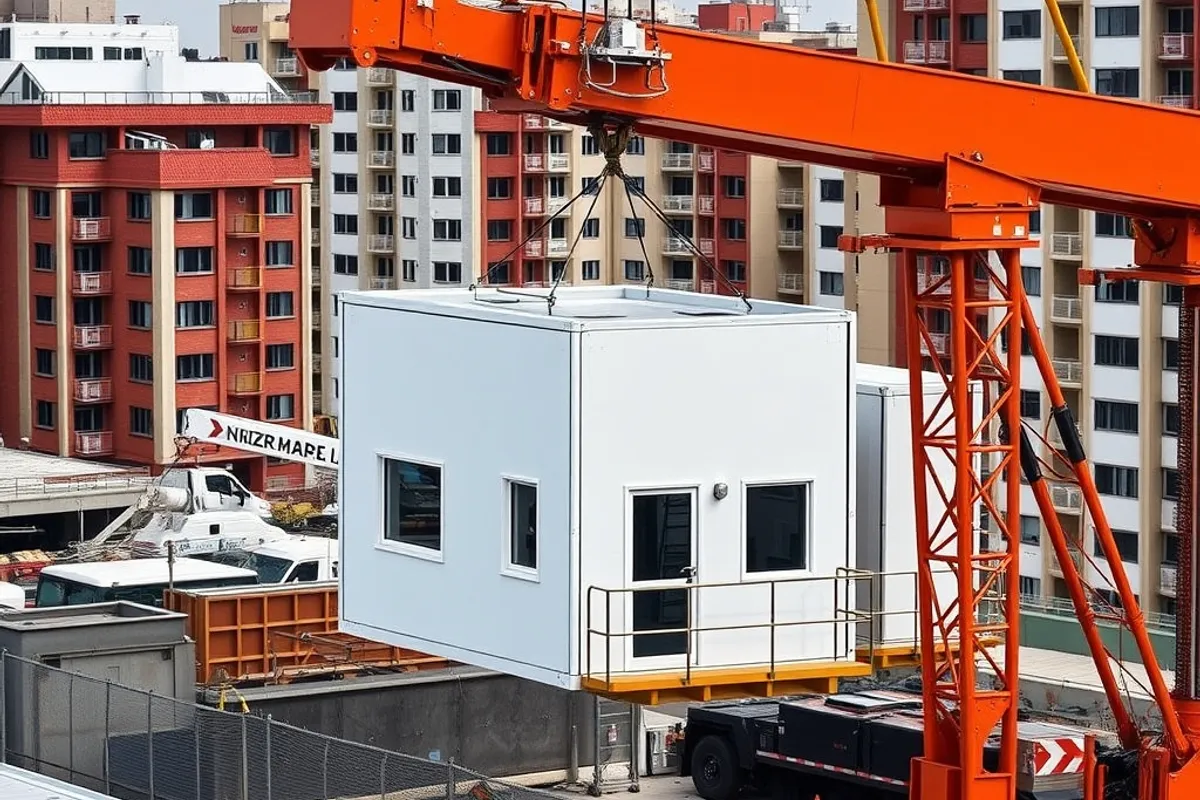 A crane lifting prefabricated housing modules on a city site