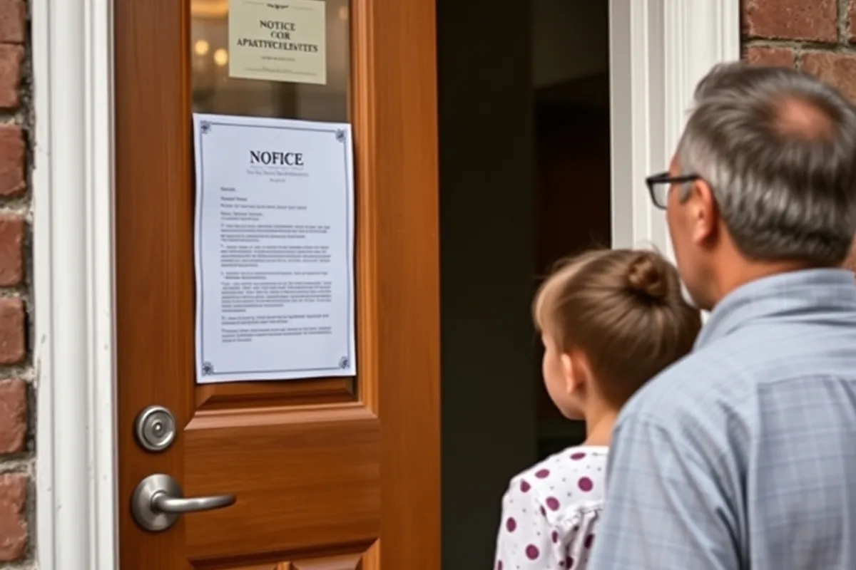 A family looking at a notice on an apartment building door