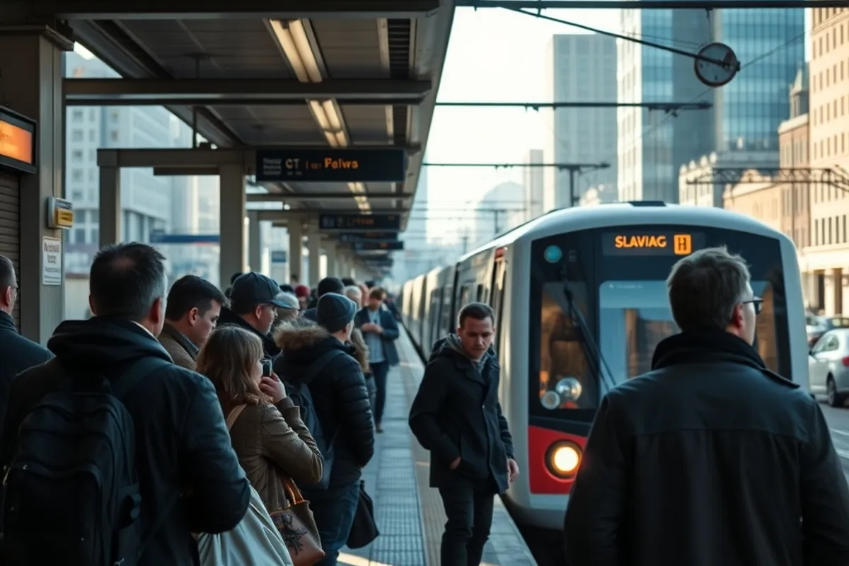 Commuters waiting on a city platform as a morning train arrives