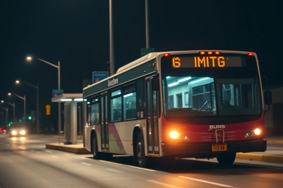 A night bus pulling up to a lit stop on an empty street