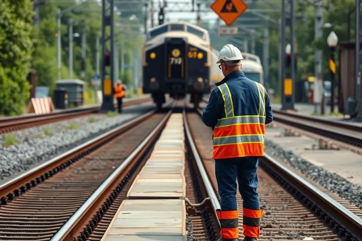Engineers inspecting a rail junction beside the tracks