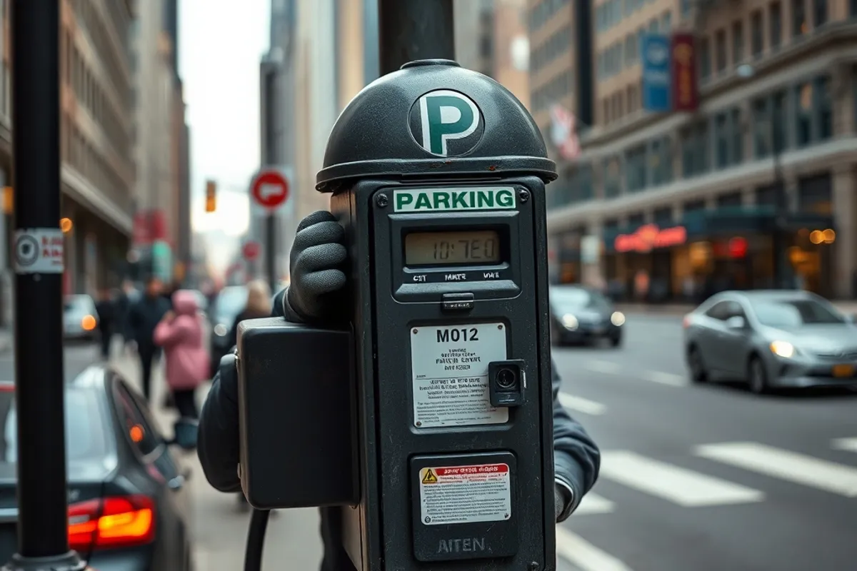 A parking meter being replaced on a busy city street