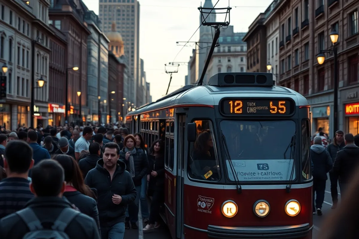 A crowded tram moving through the downtown core at dusk
