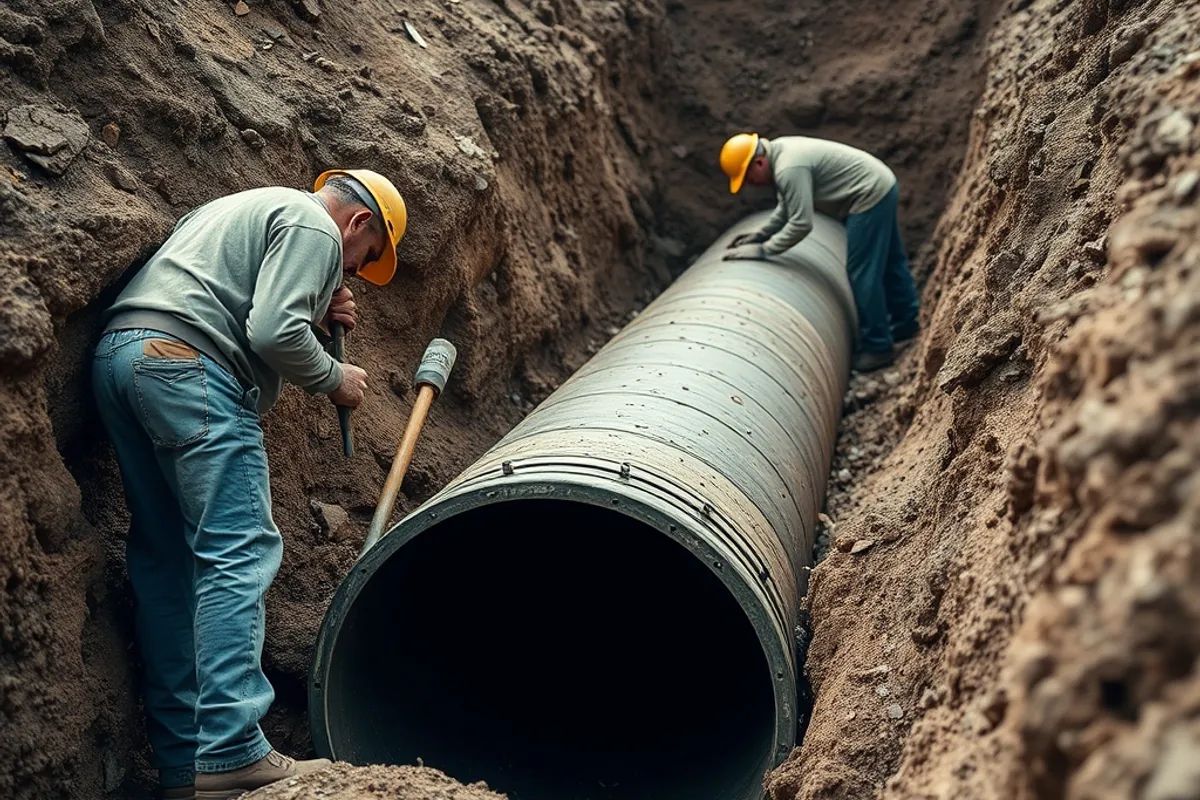 Workers repairing a large water pipe in an open trench