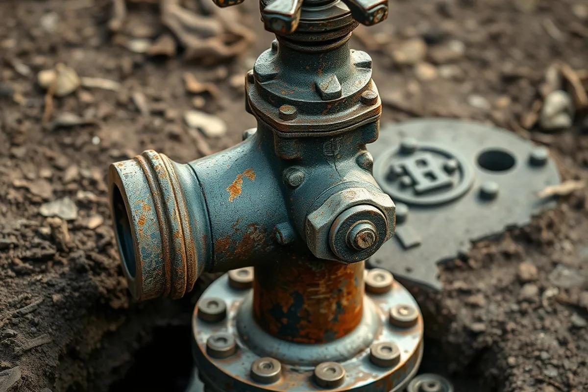 An old rusted water valve being lifted from the ground