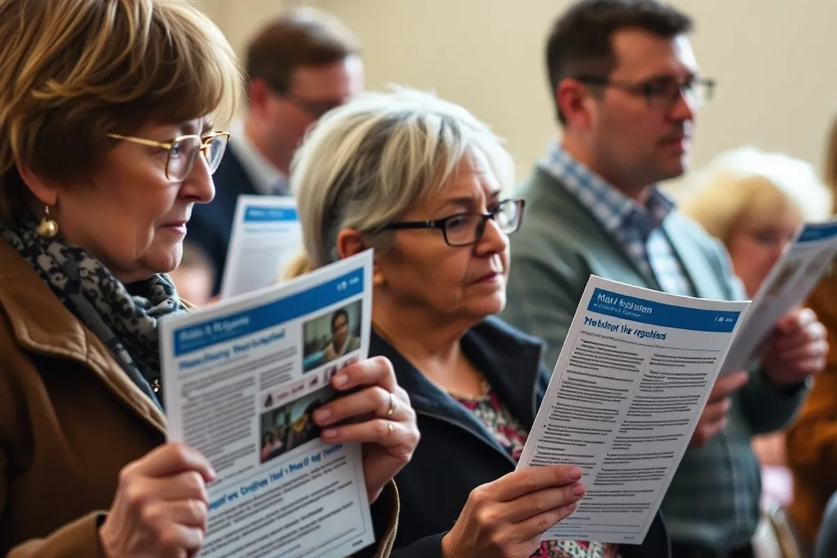 Residents at a public meeting holding information leaflets