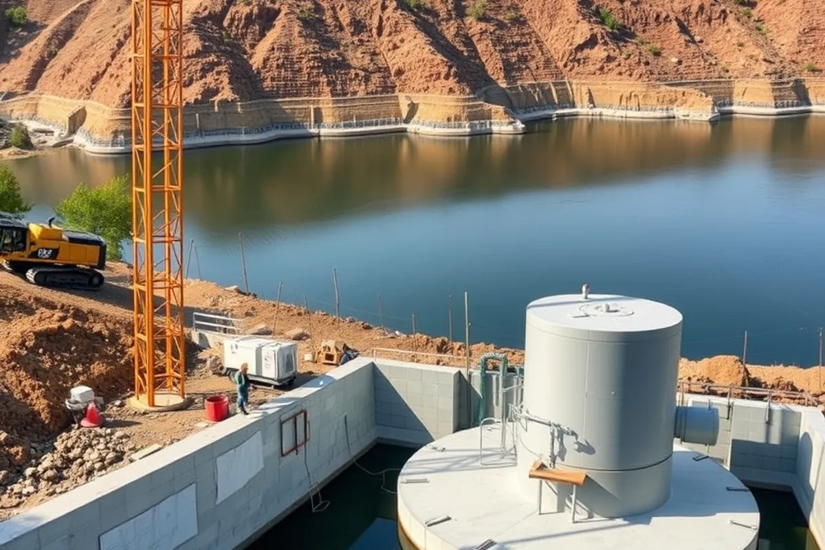 A new pump station under construction beside a reservoir