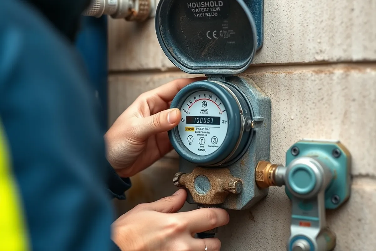 A household water meter being read by a technician