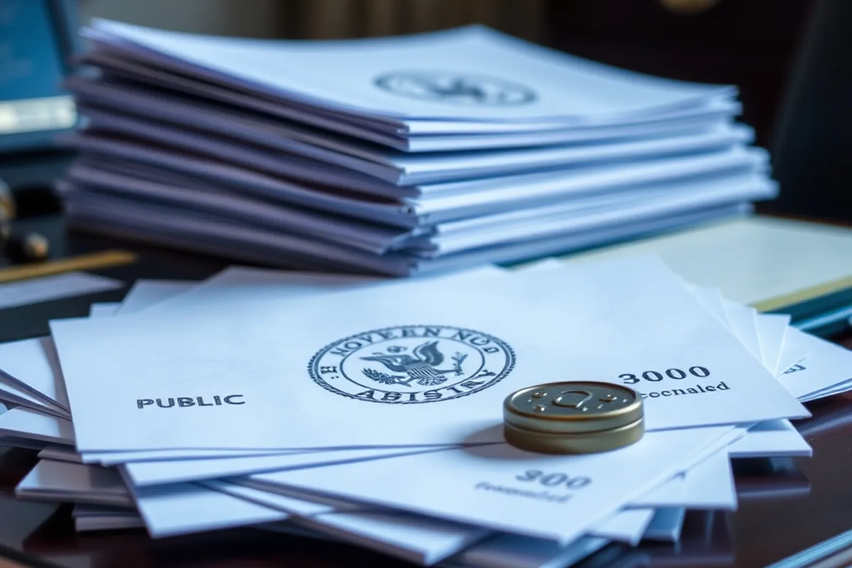 A stack of public documents and a stamp on a government desk