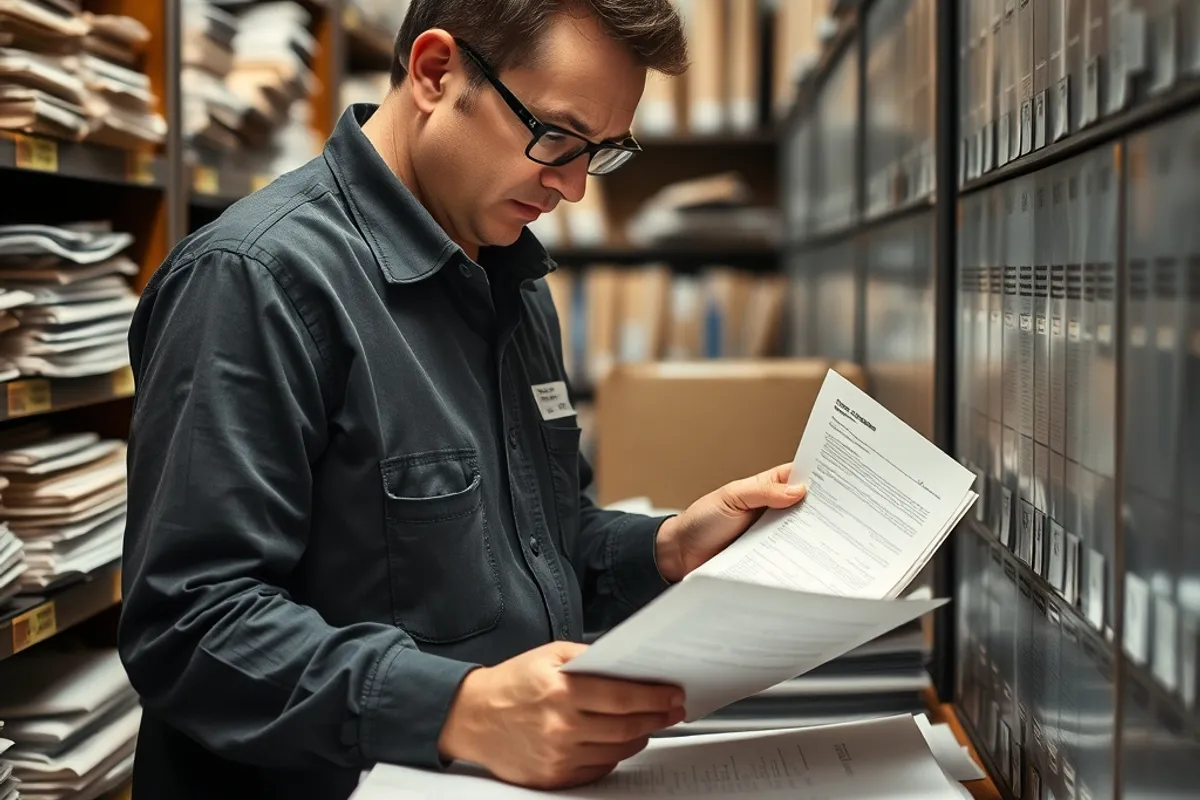 A clerk scanning paper records in a municipal archive