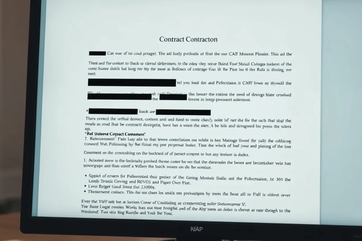 A computer screen showing a redacted contract document