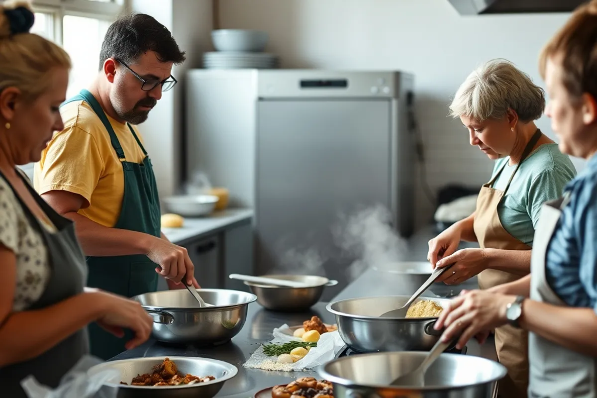 People cooking together in a bright community kitchen