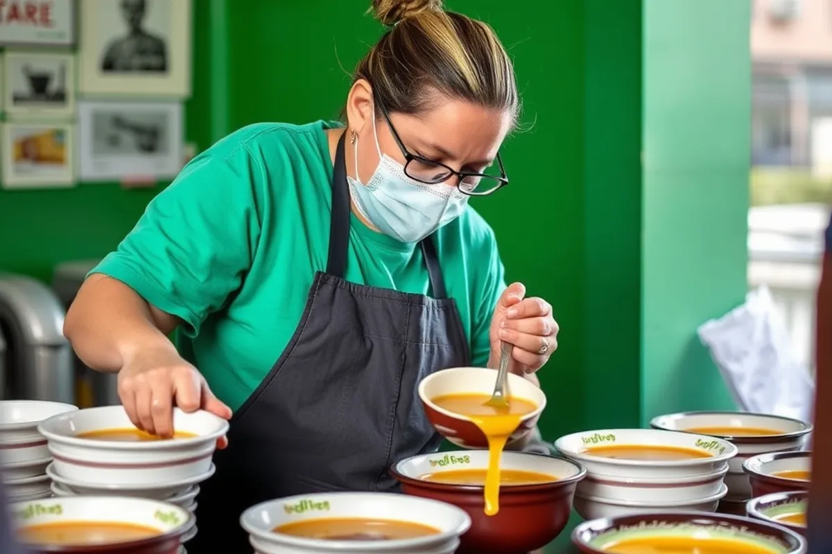 A volunteer ladling soup into bowls for a lunch service