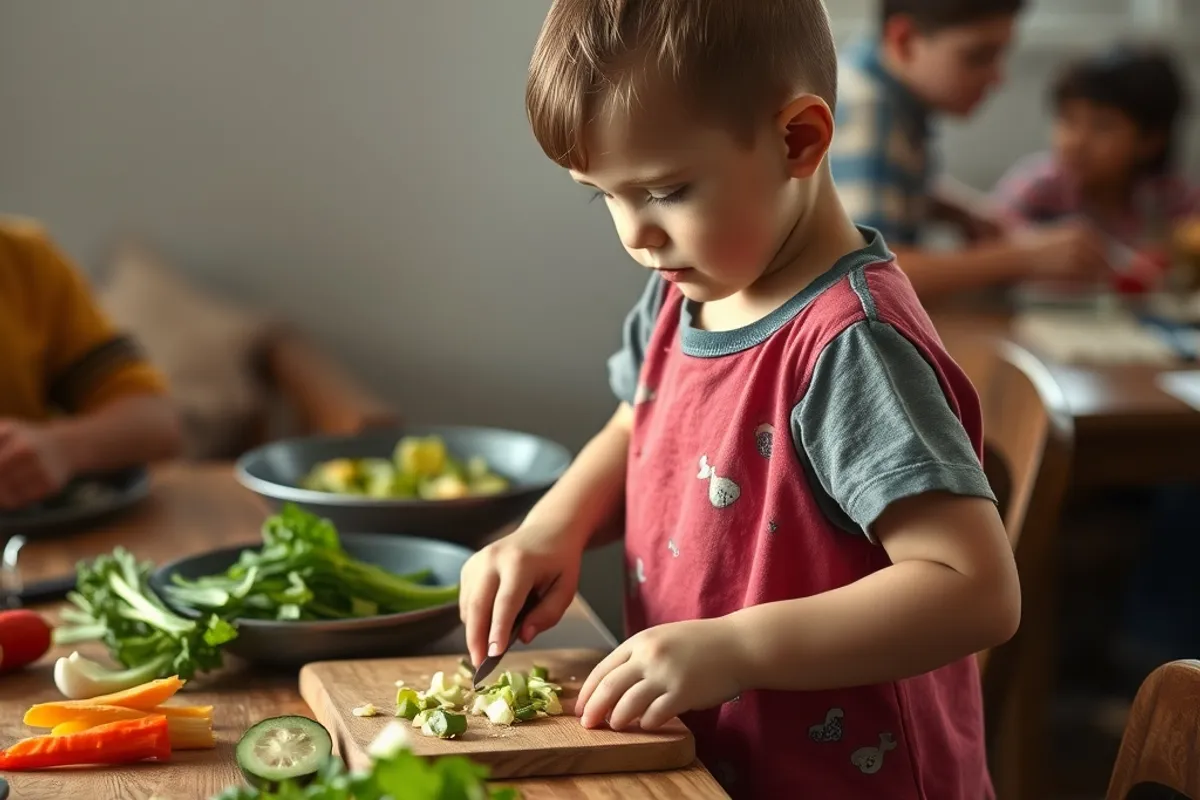 A child helping to chop vegetables at a shared table