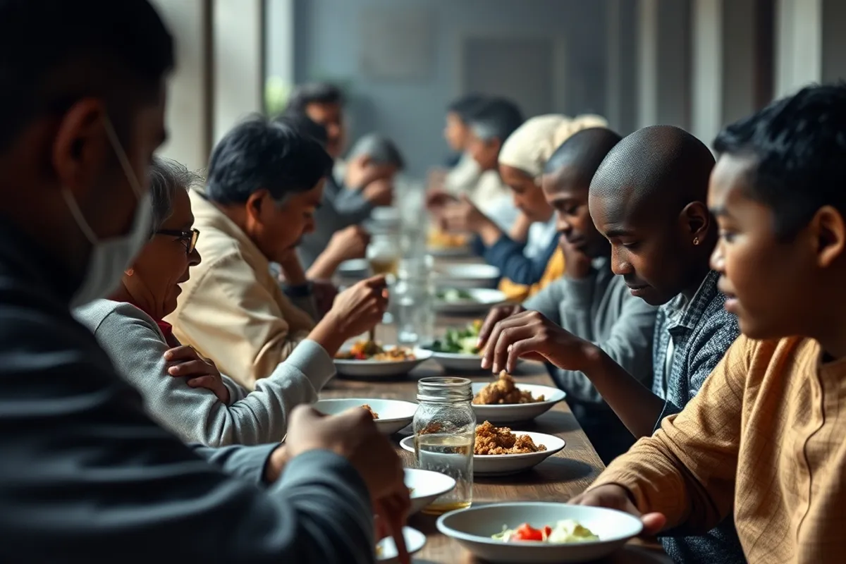 Neighbours eating together at a long communal table