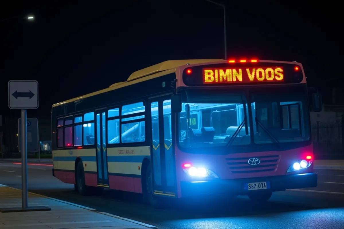 A night bus lit up at a quiet stop after midnight