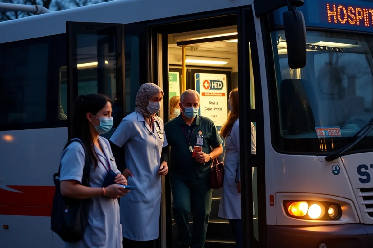 Hospital staff boarding a bus in the early hours