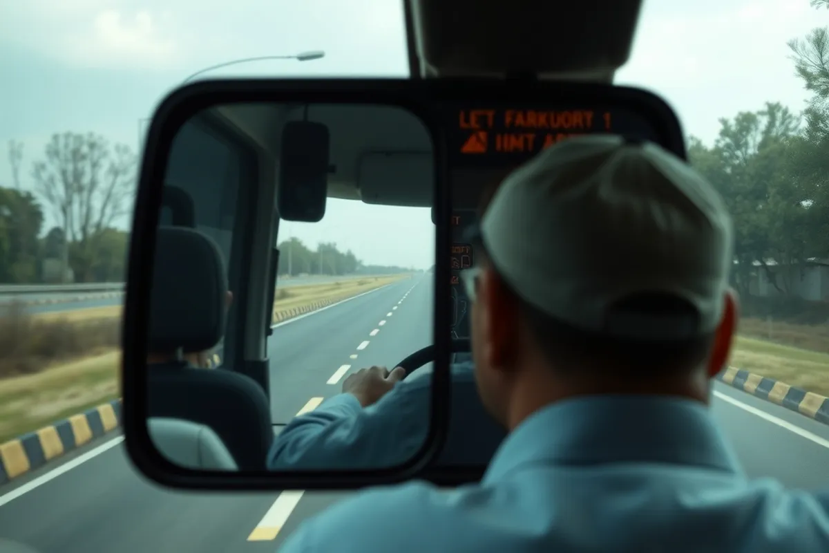 A bus driver checking mirrors on an empty road