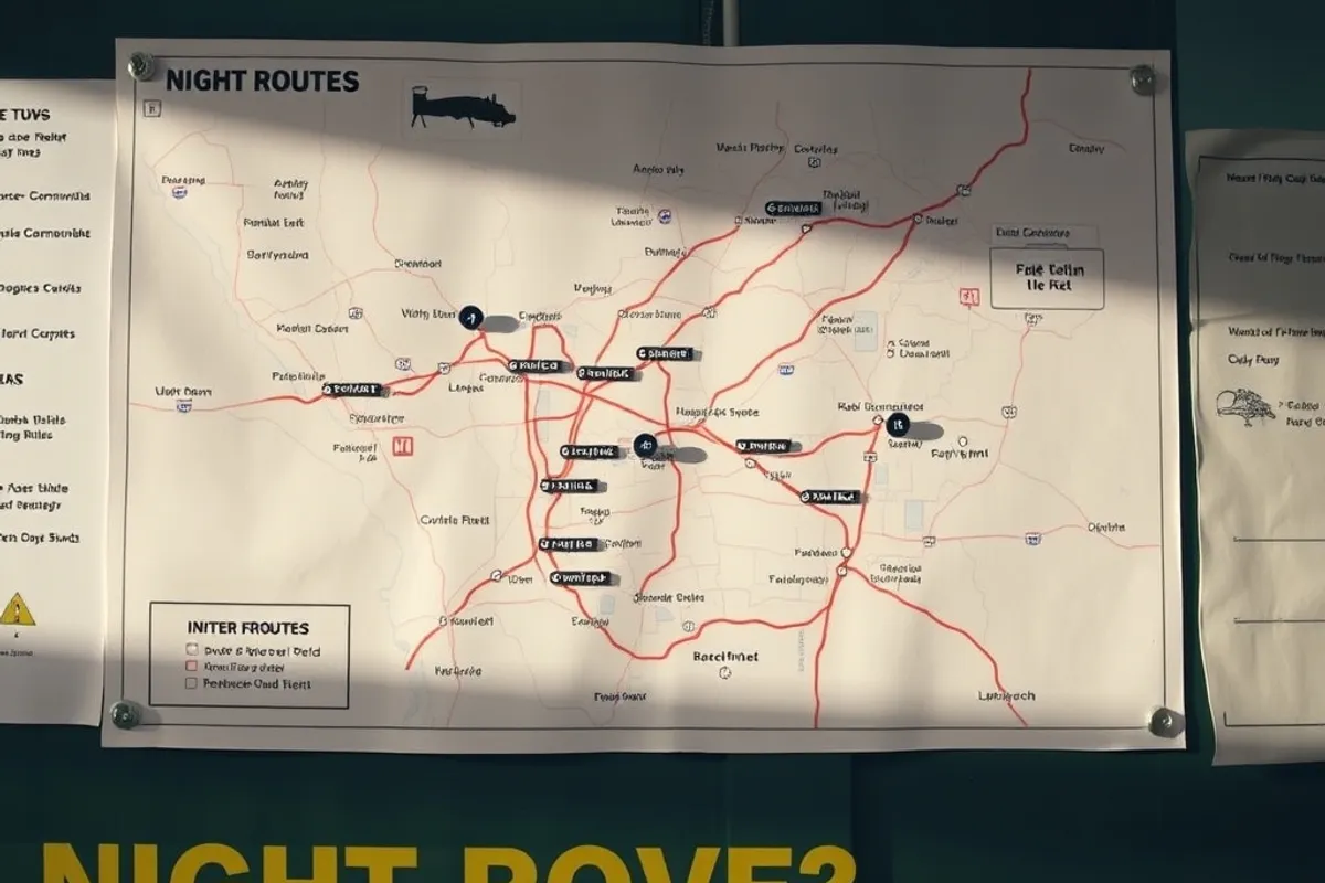 A map of night routes pinned on a community board