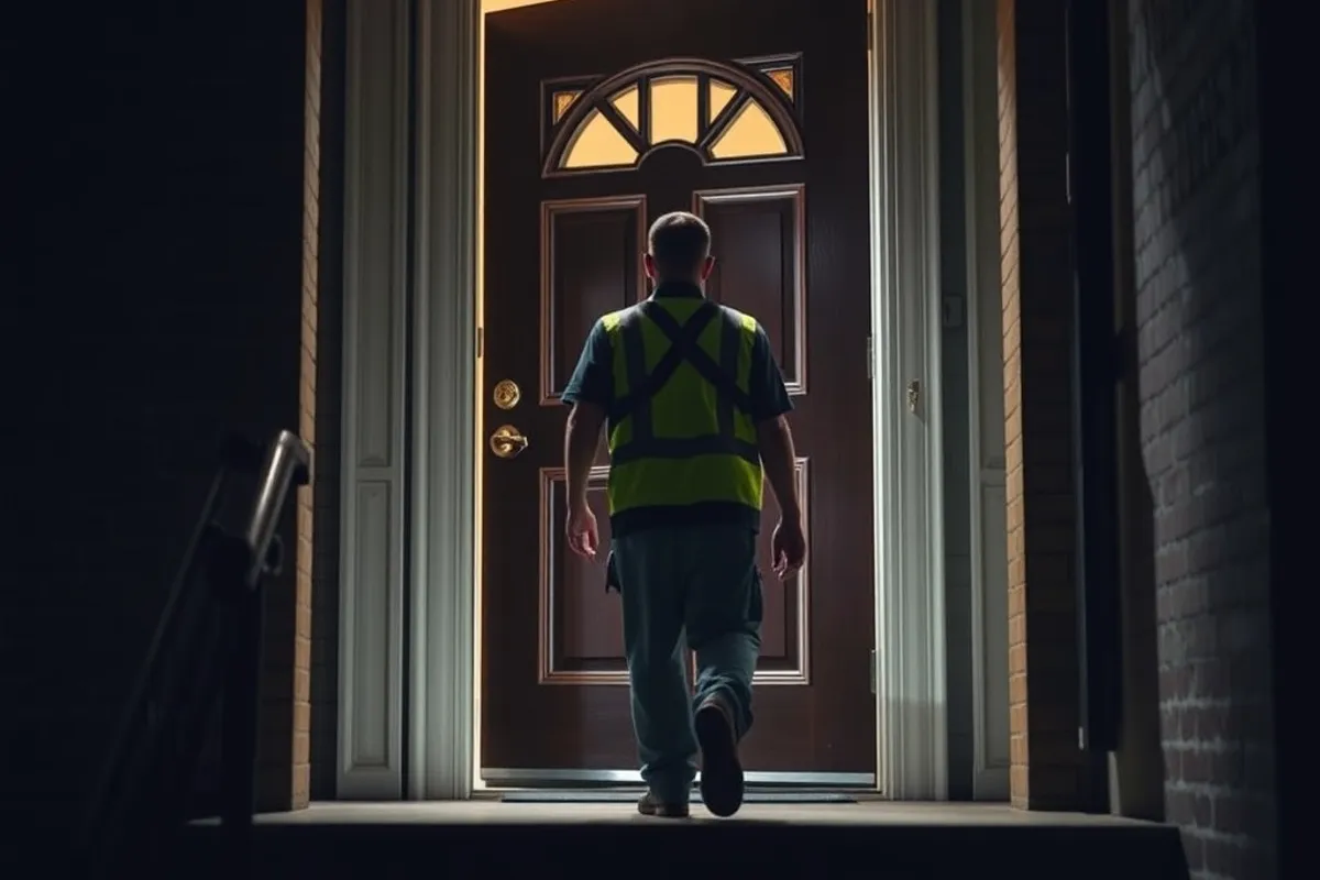 A worker walking the final steps to a front door at night