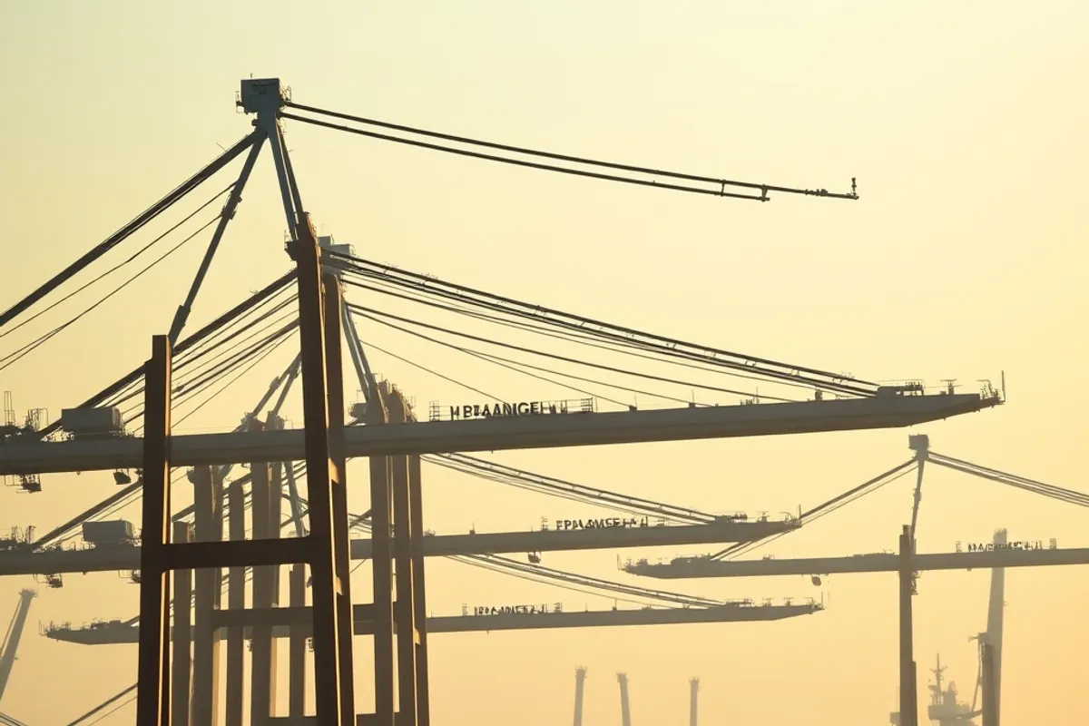 Container cranes at a busy port under a hazy morning sky