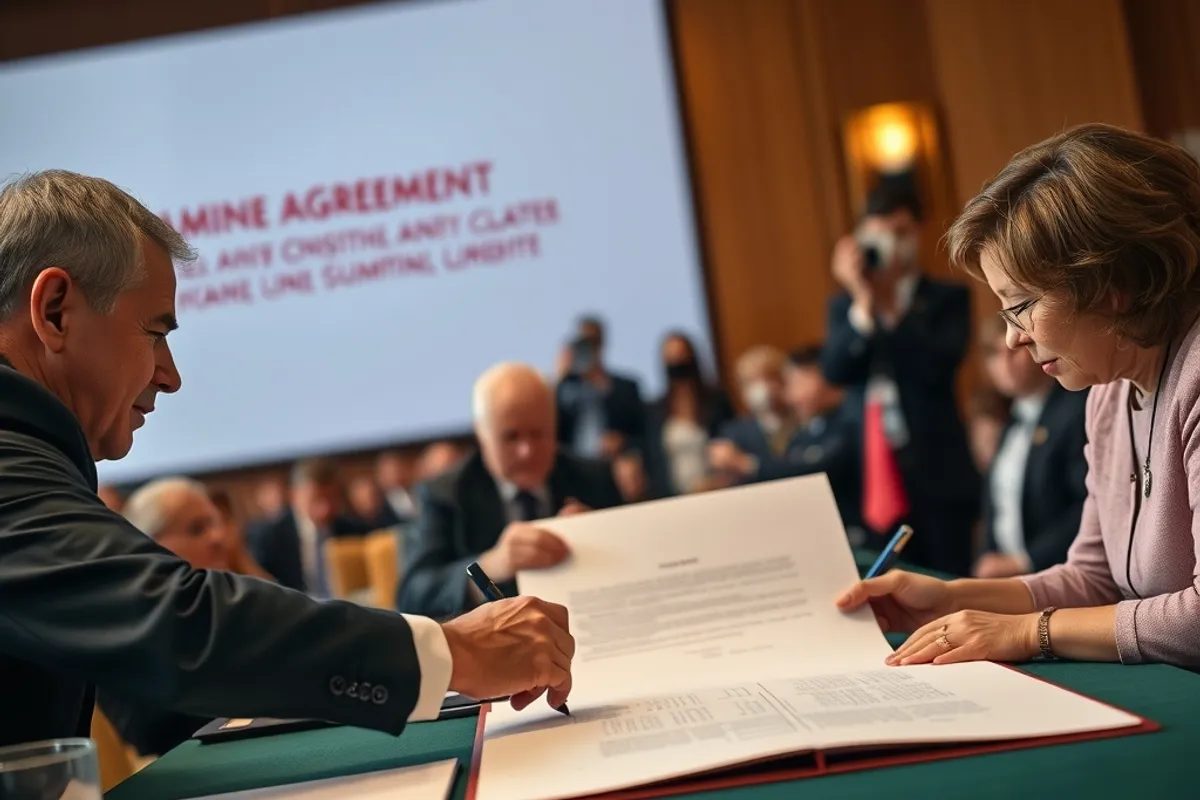 Delegates signing a large agreement document at a summit