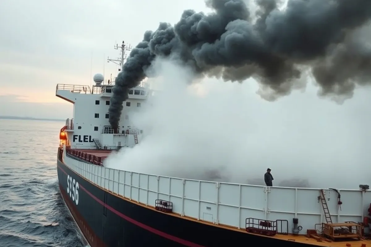 A cargo ship burning cleaner fuel while leaving a harbour