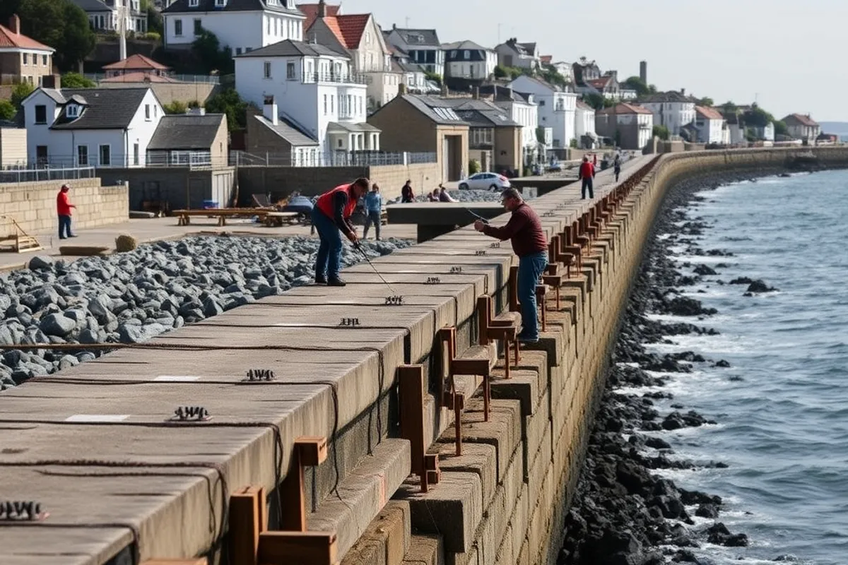 Workers reinforcing a sea wall along a coastal town