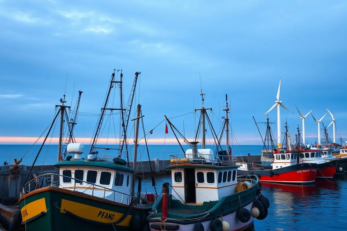 Fishing boats moored beside an offshore wind farm at dawn