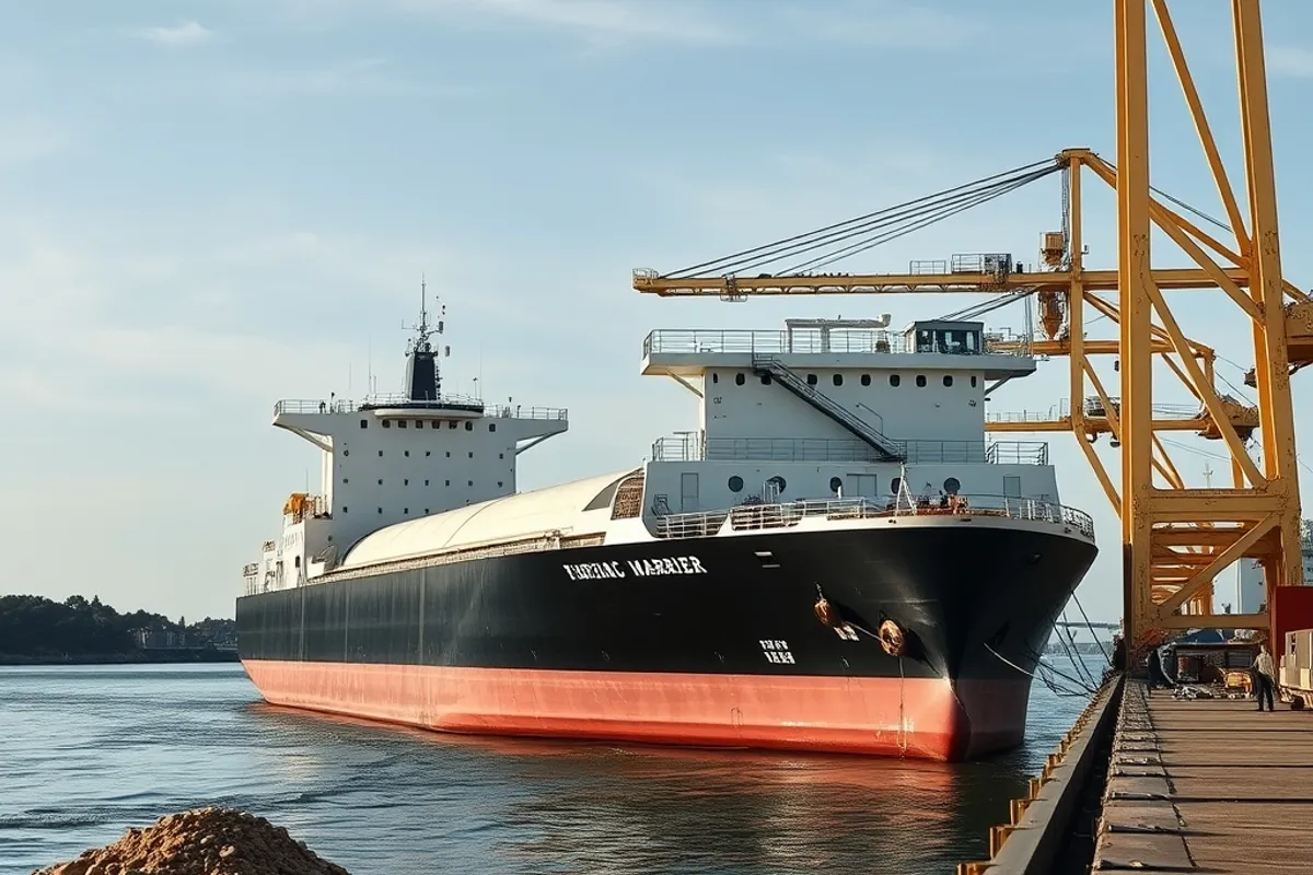 A bulk carrier being loaded with grain at a river terminal