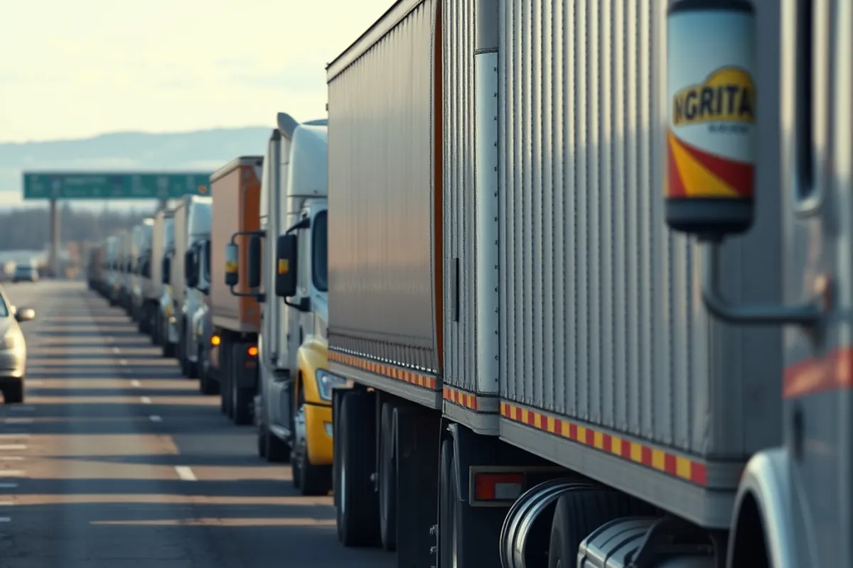 A convoy of grain trucks queuing at a border crossing