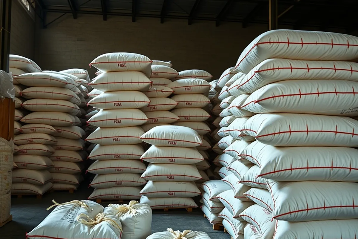 Bags of flour stacked in a warehouse awaiting distribution